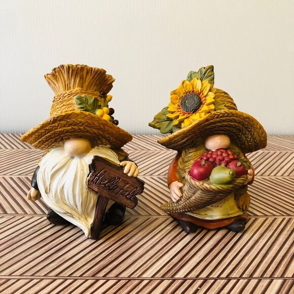 Hobby Lobby Gnome Couple Harvest "Hello Fall" Resin Figures Thanksgiving Decor - Picture 1 of 11